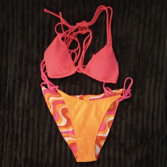 🆕👙Two Piece Bikini Set Orange/Multi Bottom and Pink Top, XS - Picture 6 of 8